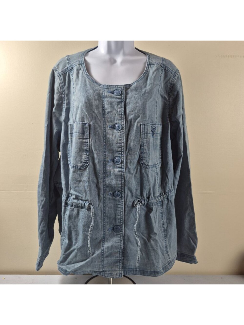 Lane Bryant Womens Denim Button Front Jacket With Drawstring Waist Size 16